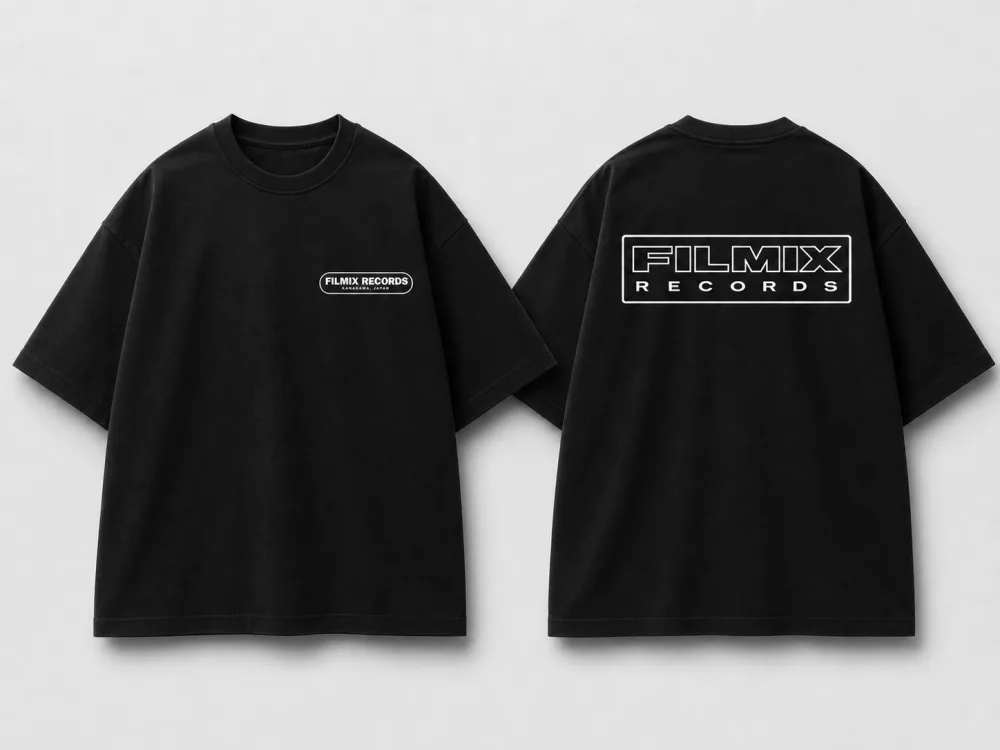 FILMIX RECORDS Core Tee — black tee, front signal mark and oversized back logo